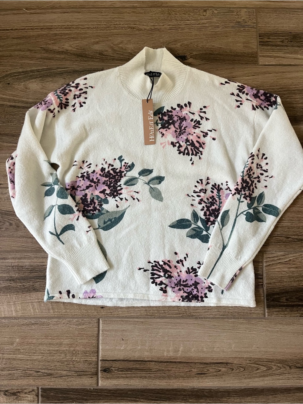Honest Edit White Purple Floral Mock-Neck Sweater NWT